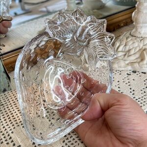 Vintage Clear Glass Strawberry Shaped Dish: Retro Trinket Bowl Etched And Raised